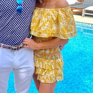 Tularosa ruched off-the-shoulder dress with ruffle bottom & removable straps